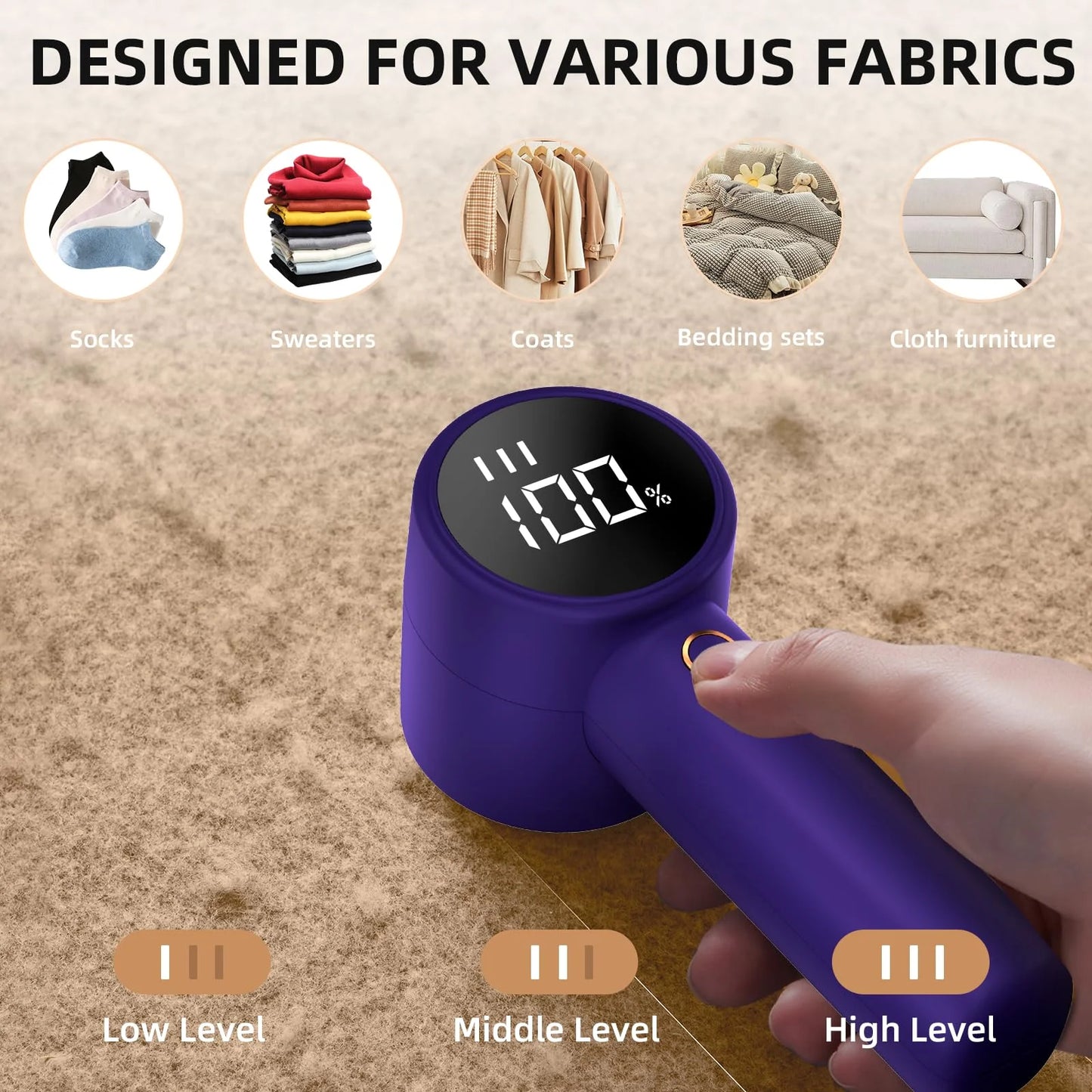 Fabric Shaver, Lint Remover Rechargeable, Electric Portable Sweater Defuzzer with 3 Speeds, 6 Leaf Blades, Digital LED Display to Remove Pilling for Clothes, Furniture, Sweater, Couch, Blanket