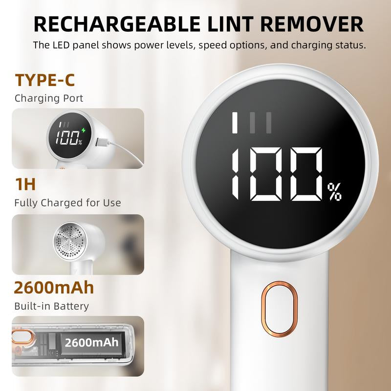 E-Electric Fabric Shaver, Portable Hair Remover, Pet Home, Rechargeable, Lint Collection Container, LED Digital Display, 6-Blade Blade, Safety Lock, 3 Speeds, 2600Mah, Lasts for 1 Hour, Suitable for Clothes, Sweaters, Sheets, Sofa